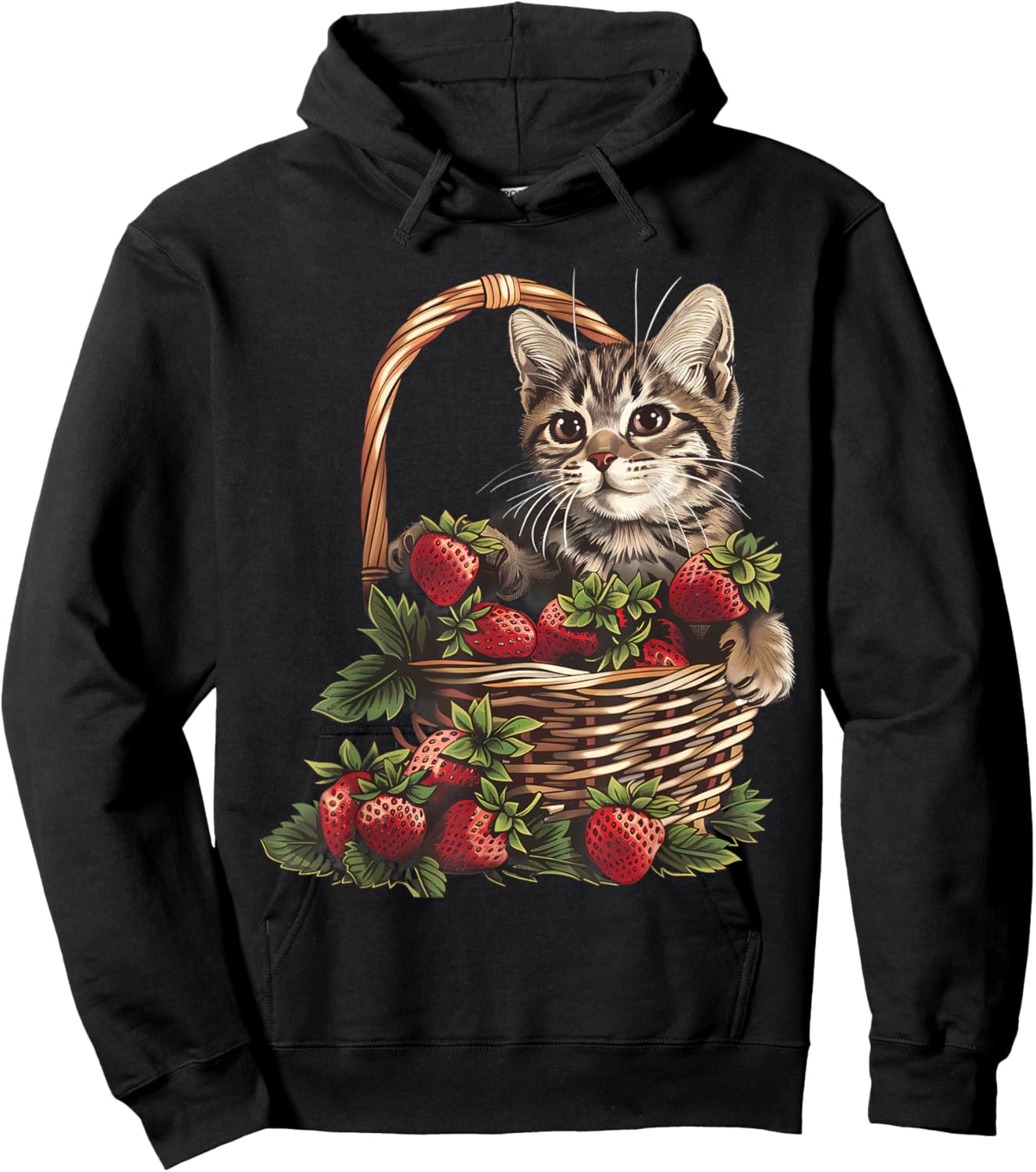 Strawberry Cat Animal Art Strawberry Fruit Cat Motif Drawing Women Kids Hoodie - Hoodie | Black