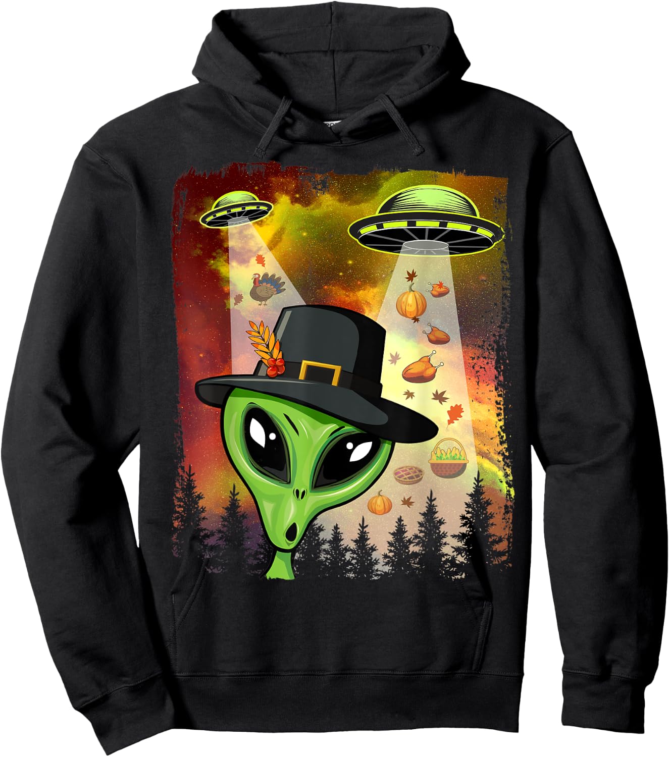 Alien Thanksgiving Invasion Funny UFO Holiday Graphic Hoodie - Hoodie | Black