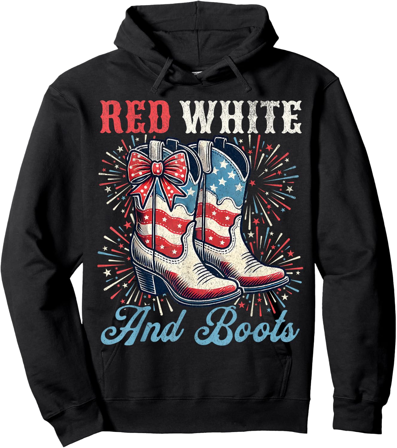 Red White And Boots Cute Coquette Cowgirl Independence Day Hoodie - Hoodie | Black