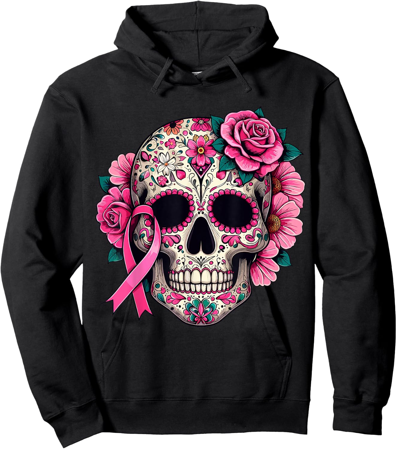 Sugar Skull Pink Ribbon Calavera Breast Cancer Awareness Hoodie - Hoodie | Black