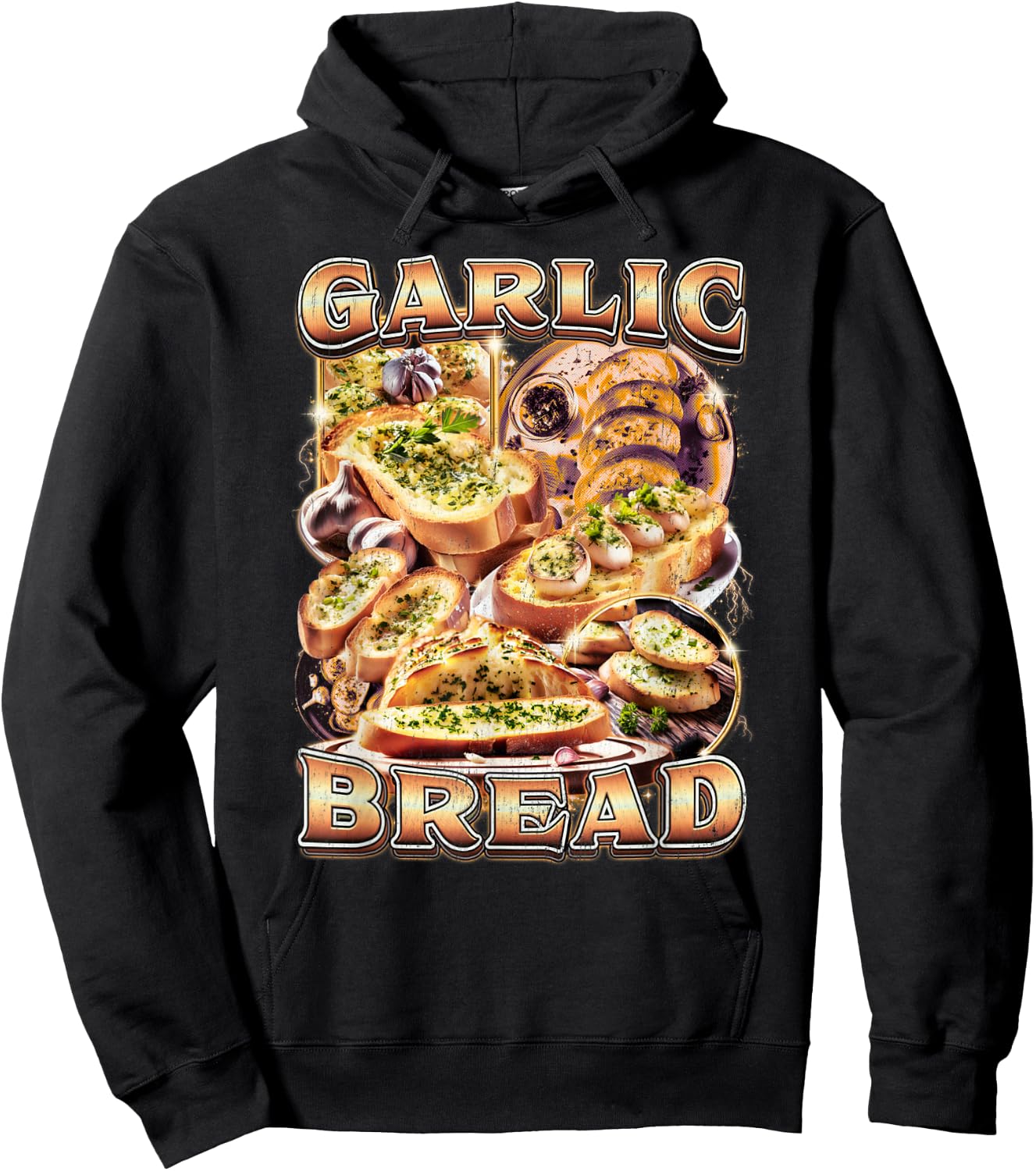 Bootleg Rap Style Garlic Bread Meme Food Ironic Vintage 90s Hoodie - Hoodie | Black