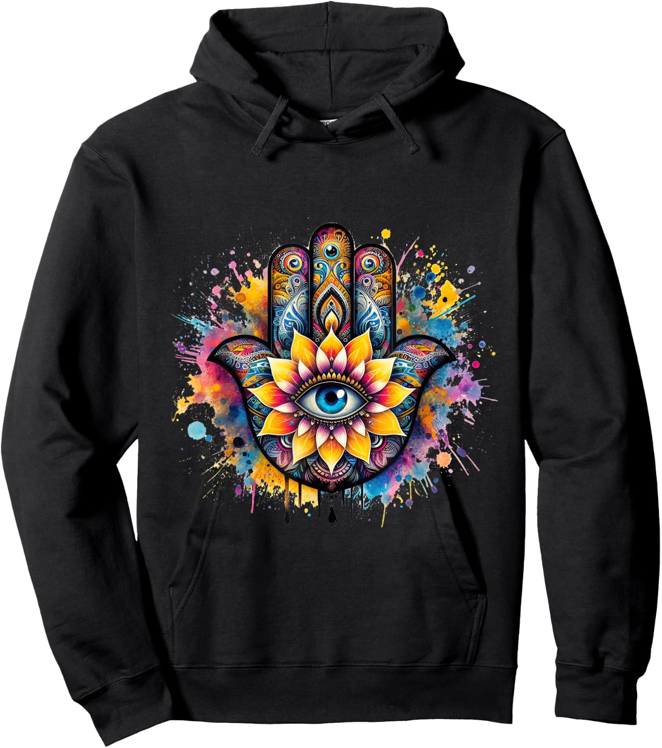 Beautiful Hamsa Hand Colorful with Fatima Eye and Lotus Hoodie - Hoodie | Black