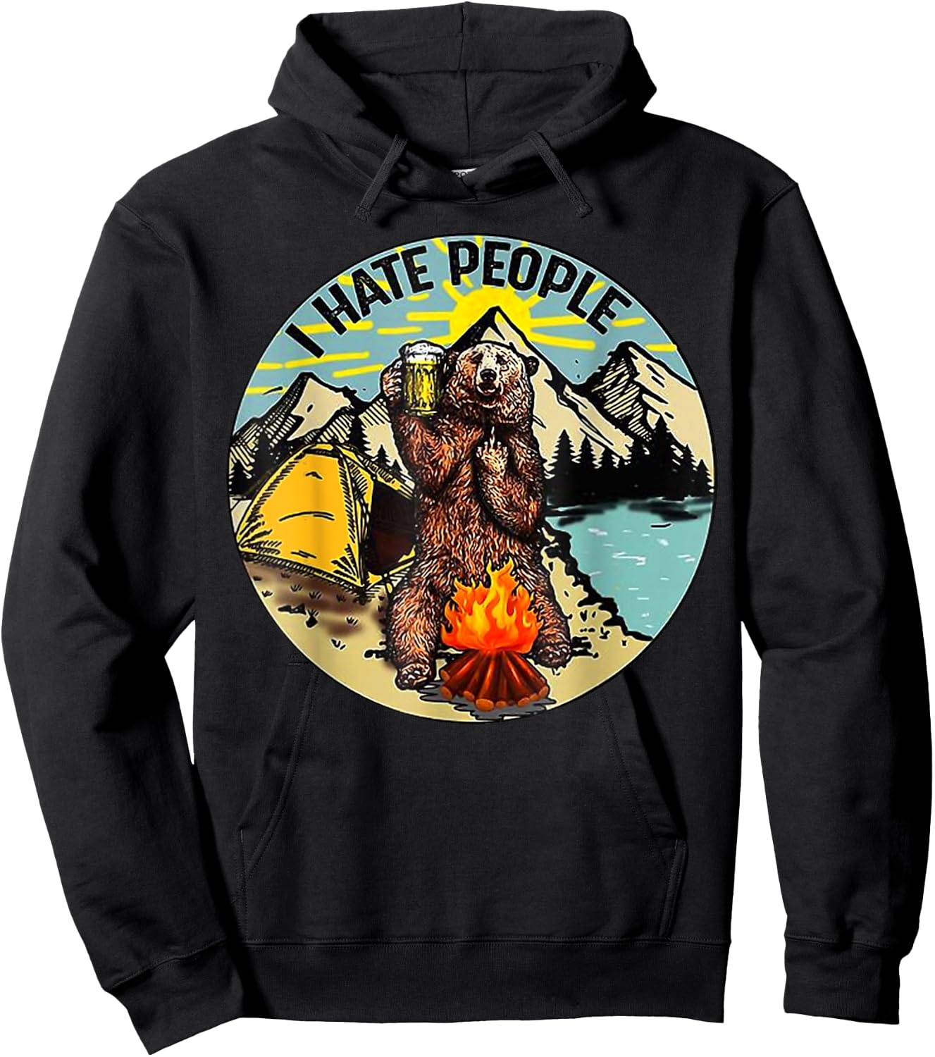 I Hate People Camping Bear Drinking Beer Vintage Funny Hoodie - Hoodie | Black