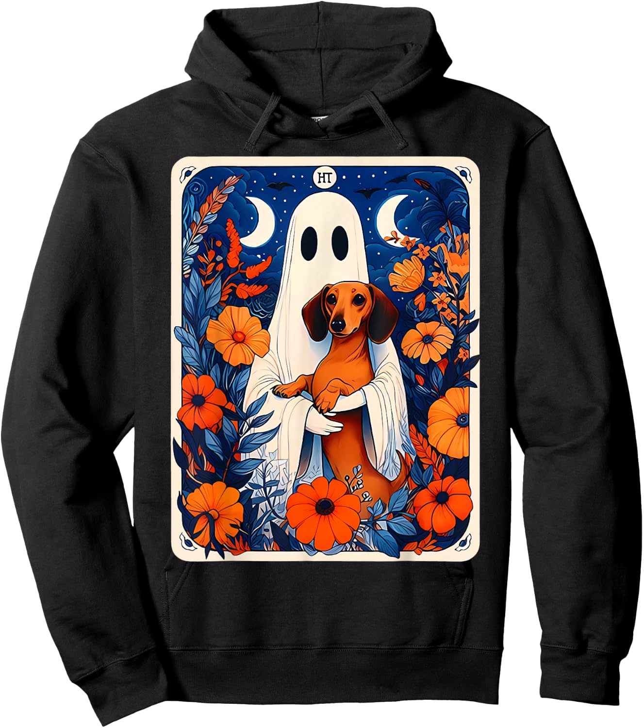 Ghost Holding Dachshund Spooky Tarot Card Fall Halloween Hoodie - Hoodie | Black