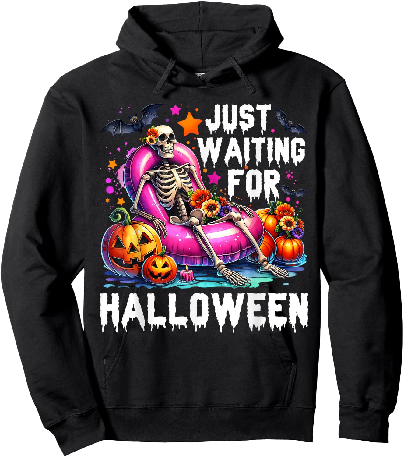 Funny Just Waiting For Halloween Skeleton Spooky Vibe Summer Hoodie - Hoodie | Black