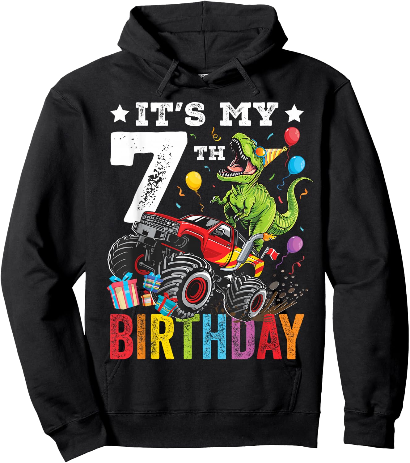 Seven 7th Birthday Dinosaur Monster Truck Hoodie - Hoodie | Black