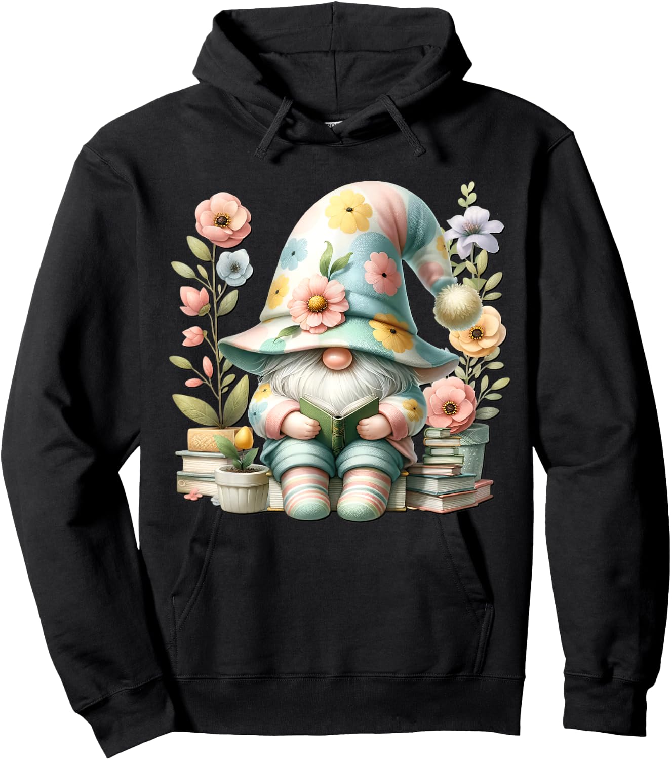 Book Reading Themed Retired Gnome Cute Wildflower Hoodie - Hoodie | Black