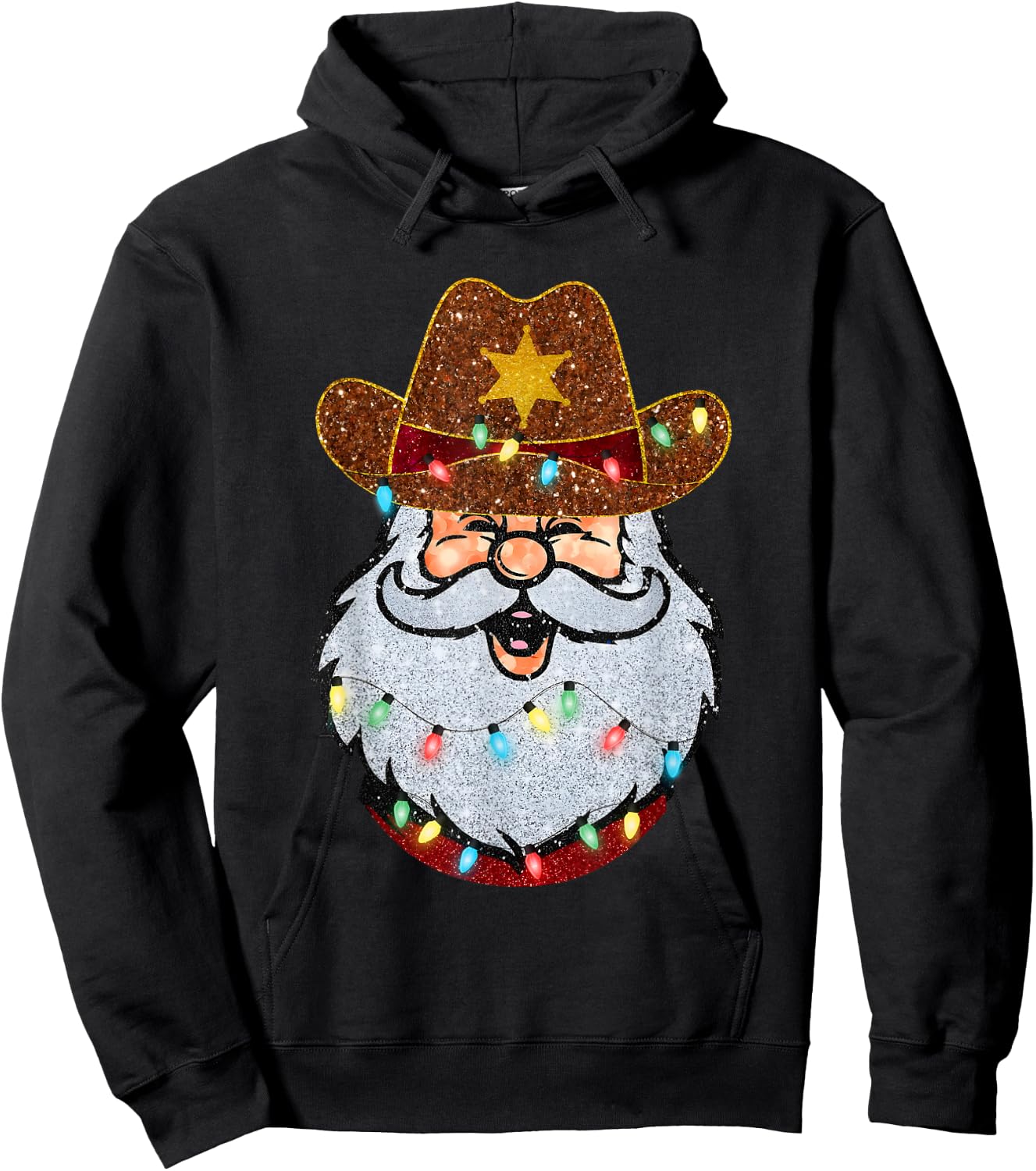 Santa Cowboy Western Christmas Xmas Lights Holiday Pajamas Hoodie - Hoodie | Black
