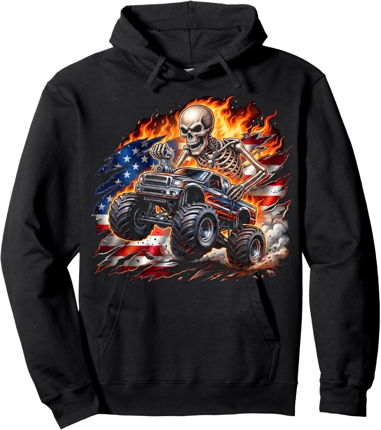 Patriotic Monster Truck Skeleton American Flag 4th of July Hoodie - Hoodie | Black