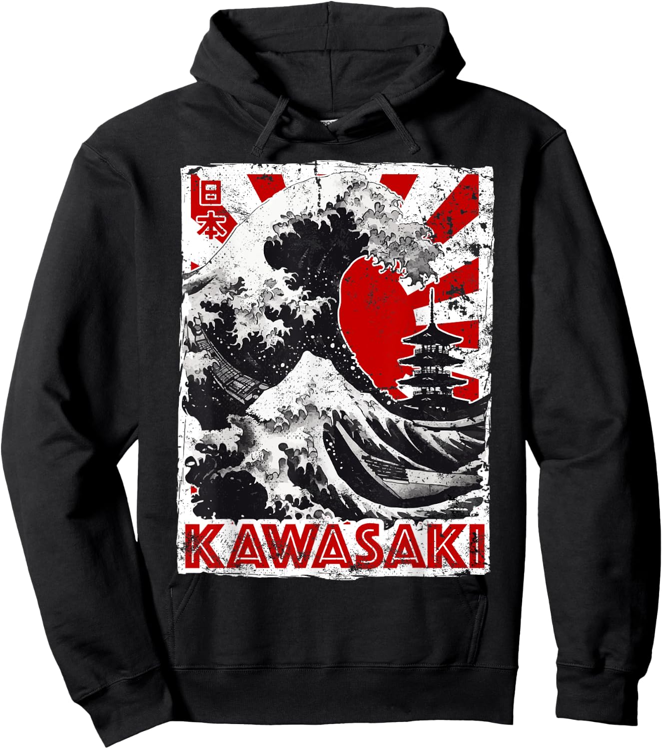 Kawasaki City Kanagawa Wave Retro Flag Red-Sun Kawasaki Hoodie - Hoodie | Black