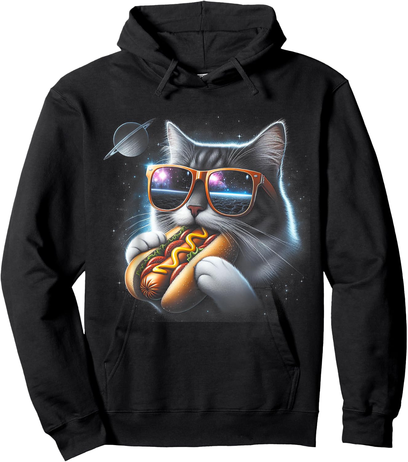 Cat Eating Funny Hot-Dog in Space Kit-Ty Gal-Axy Hoodie - Hoodie | Black