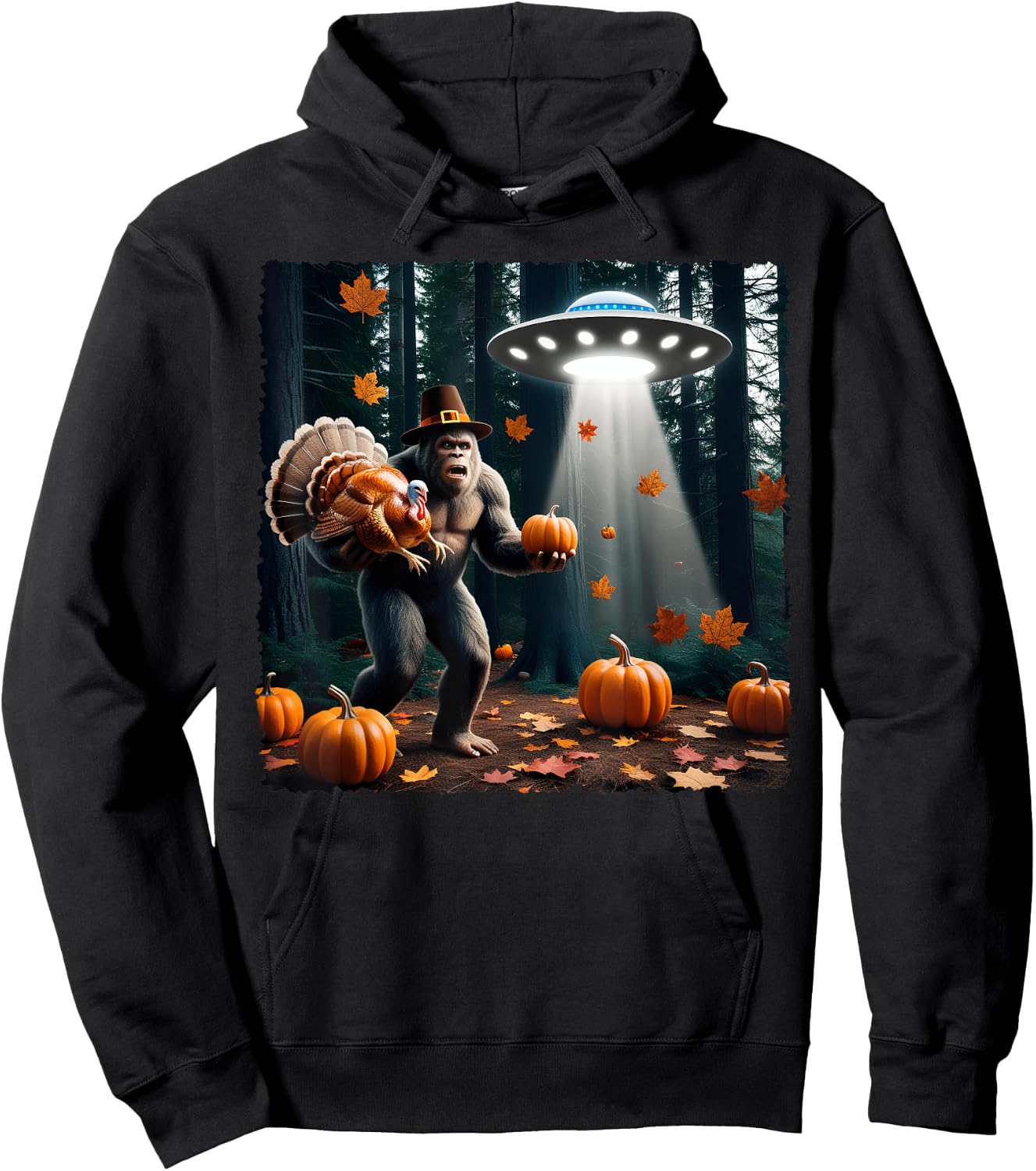 Bigfoot Sasquatch Turkey UFOs Funny Thanksgiving Day Pumpkin Hoodie - Hoodie | Black