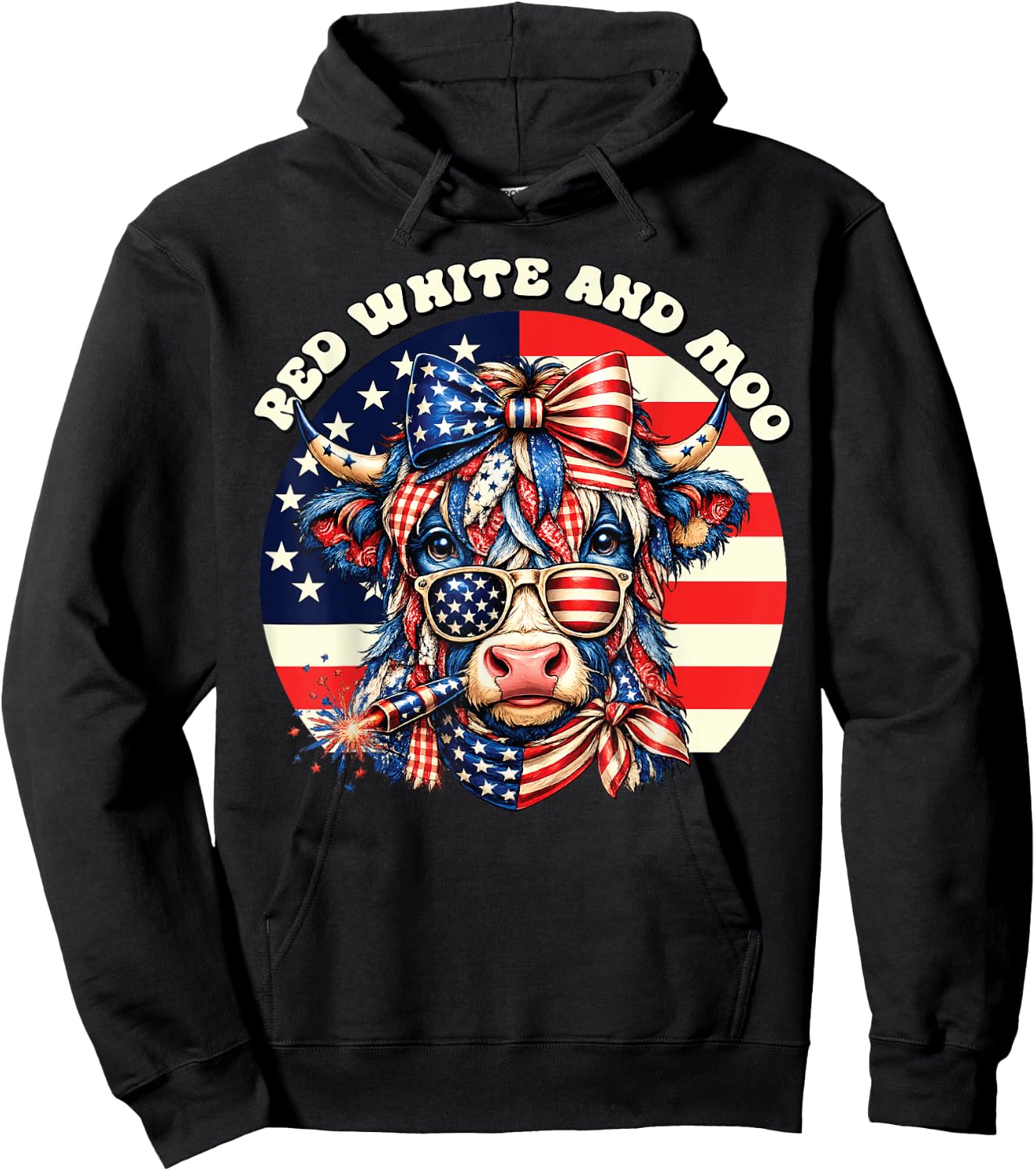 Patriotic Cow USA Flag 4th of July Red and White and Moo Hoodie - Hoodie | Black