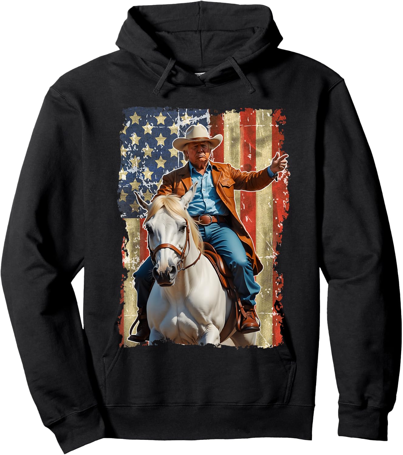 Trump Riding Horse American Flag Cowboy Hoodie - Hoodie | Black