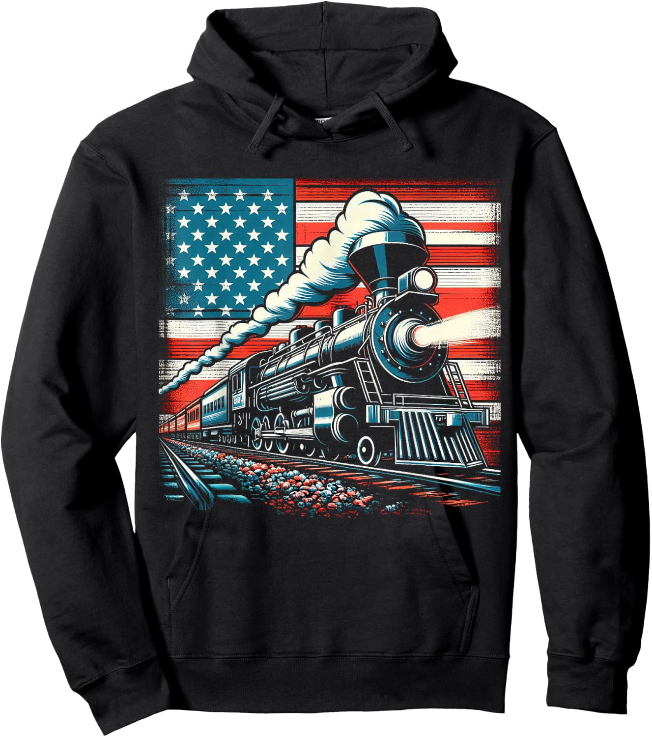 Train With The American Flag 4th of July Women Kids Men Hoodie - Hoodie | Black