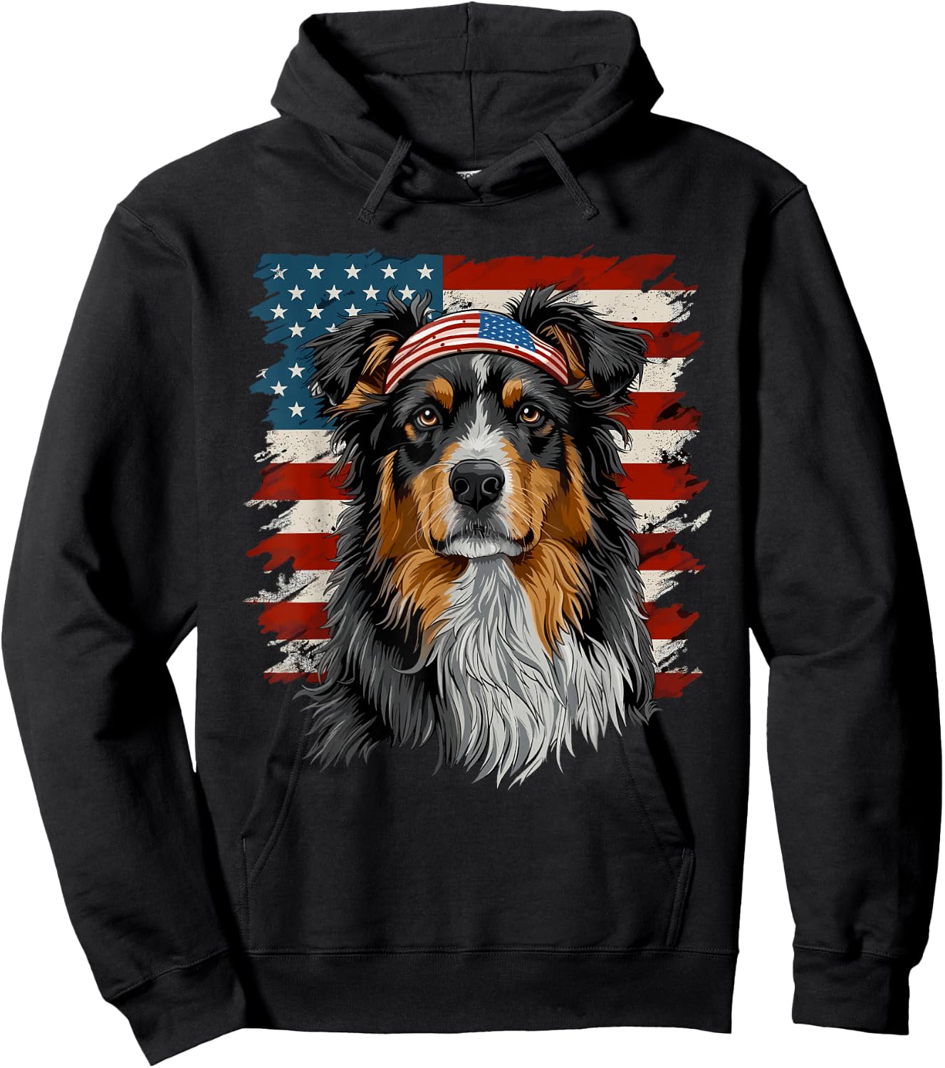 Australian Shepherd Patriotic 4th Of July USA American Flag Hoodie - Hoodie | Black