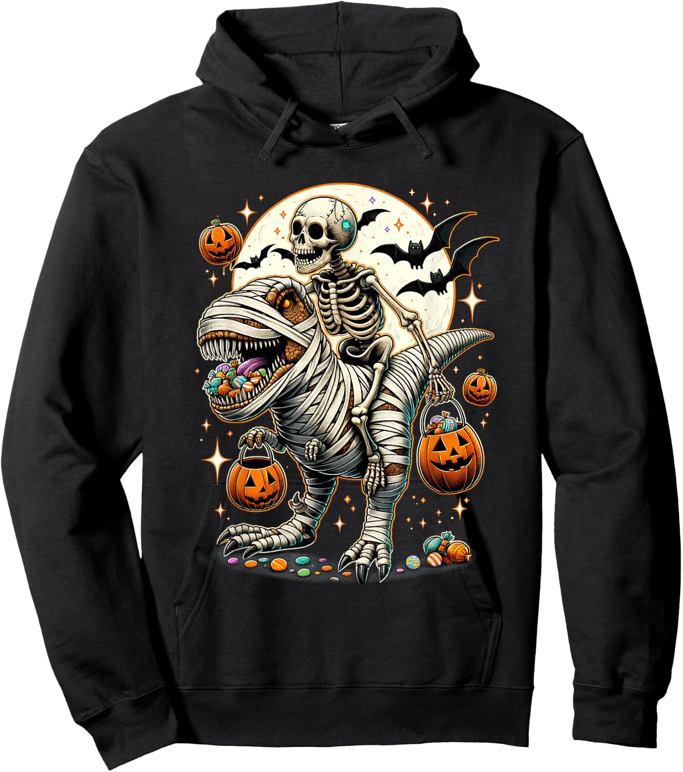 Skeleton Riding Mummy Dinosaur T Rex Kids Boys Men Halloween Hoodie - Hoodie | Black
