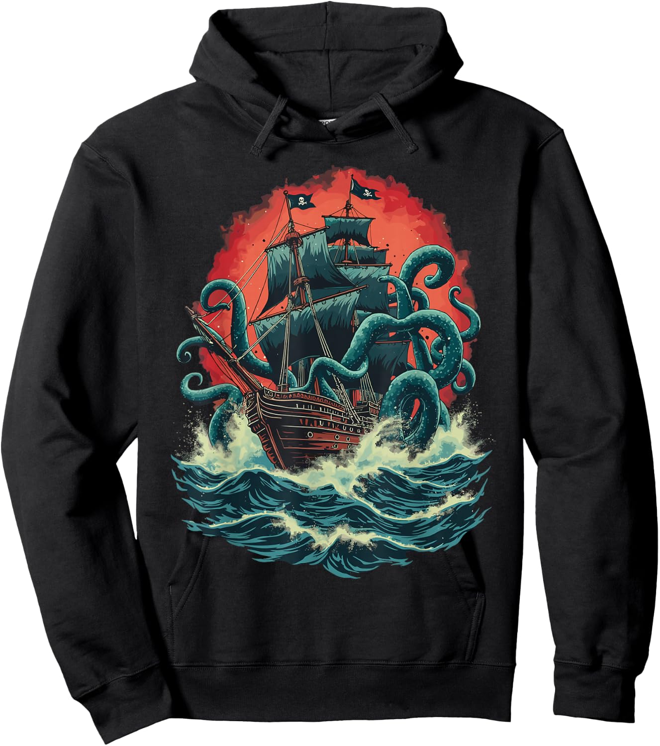 Pirate Ship Kraken Ocean Battle Giant Octopus Sea Monster Hoodie - Hoodie | Black
