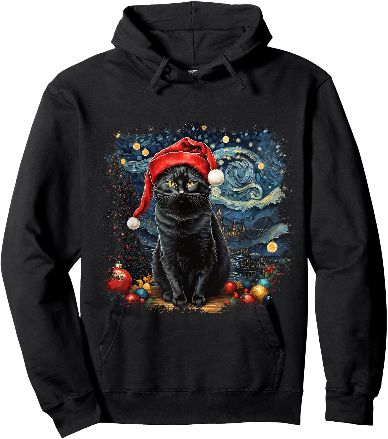 Cat , Starry Night Cat, Cat Shirt, Van Gogh Cat Hoodie - Hoodie | Black