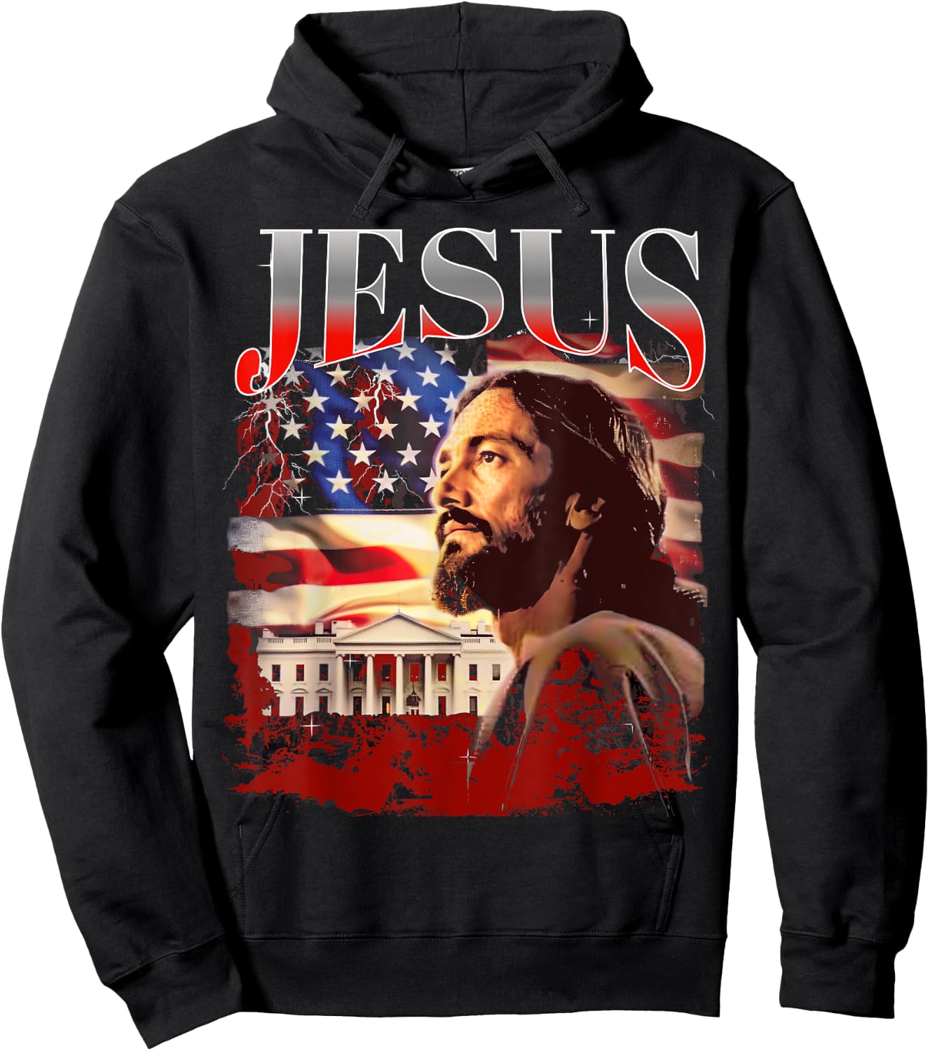 Jesus USA America Patriot Meme 90s Bootleg Rap Merch Style Hoodie - Hoodie | Black