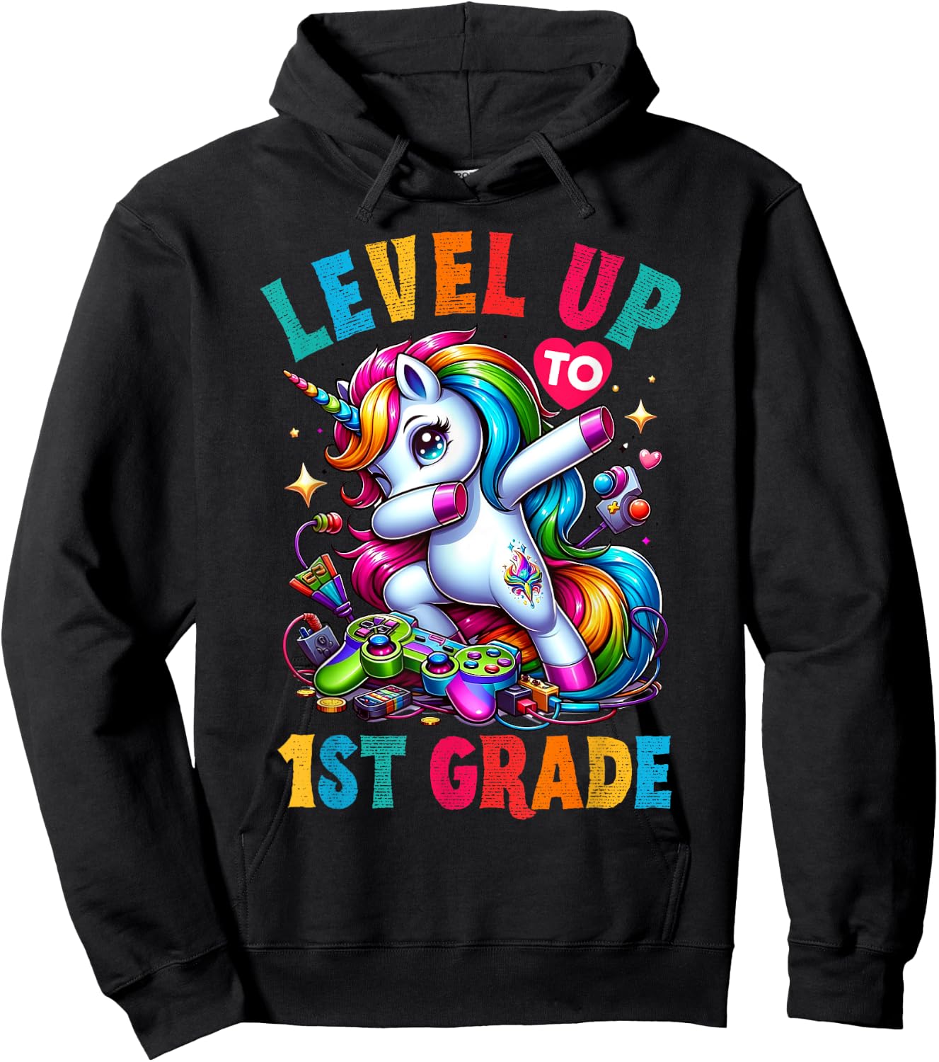 Unicorn video games back to School 1st grade Girls Level up Hoodie - Hoodie | Black