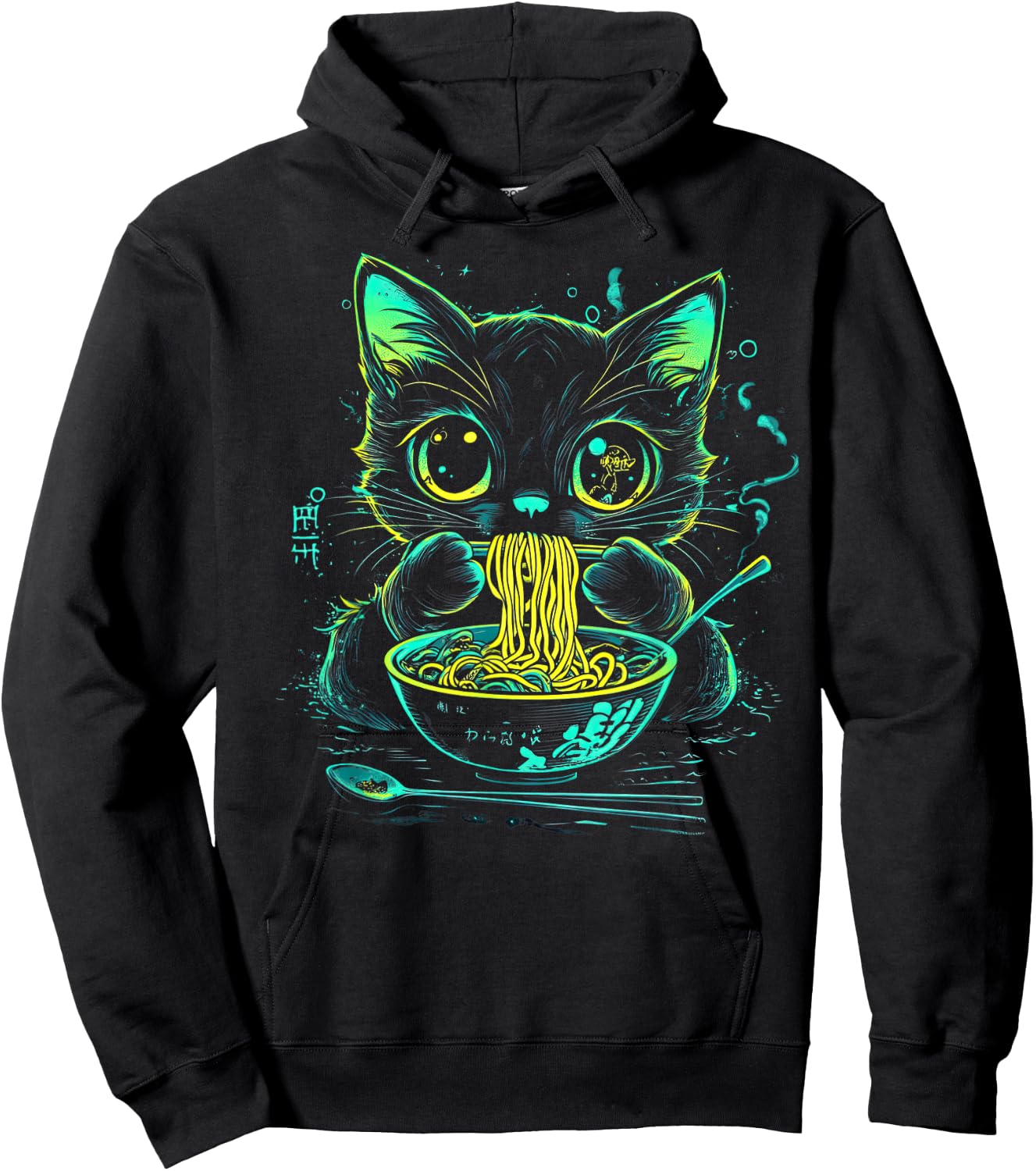 Anime Ramen Cat Japanese Retro Noodles Aesthetic Kawaii Cat Hoodie - Hoodie | Black