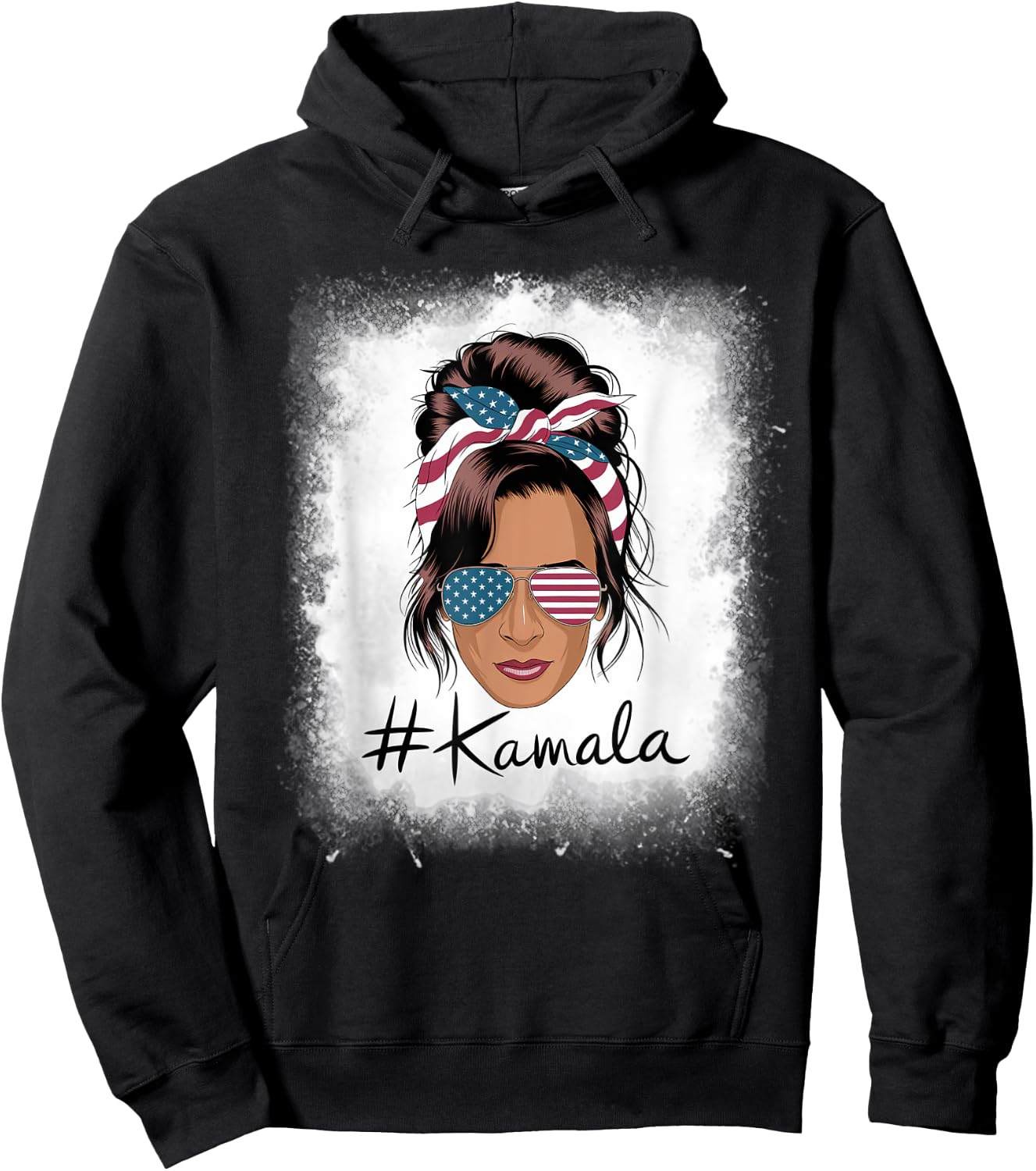 Kamala Harris Retro USA Patriotic American Flag Messy Bun Hoodie - Hoodie | Black