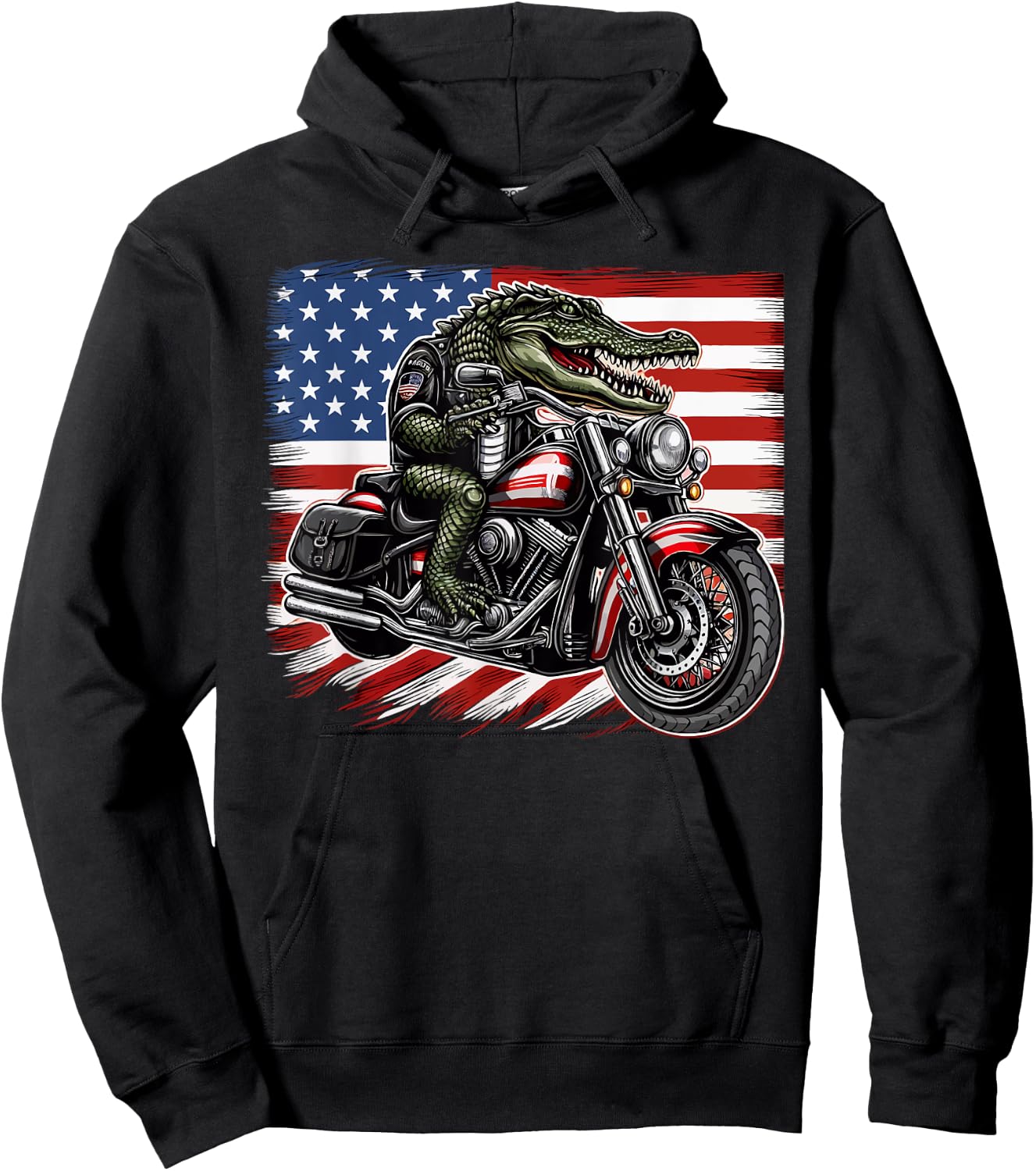 Patriotic American Alligator Riding Motorcycle 4th of July Hoodie - Hoodie | Black
