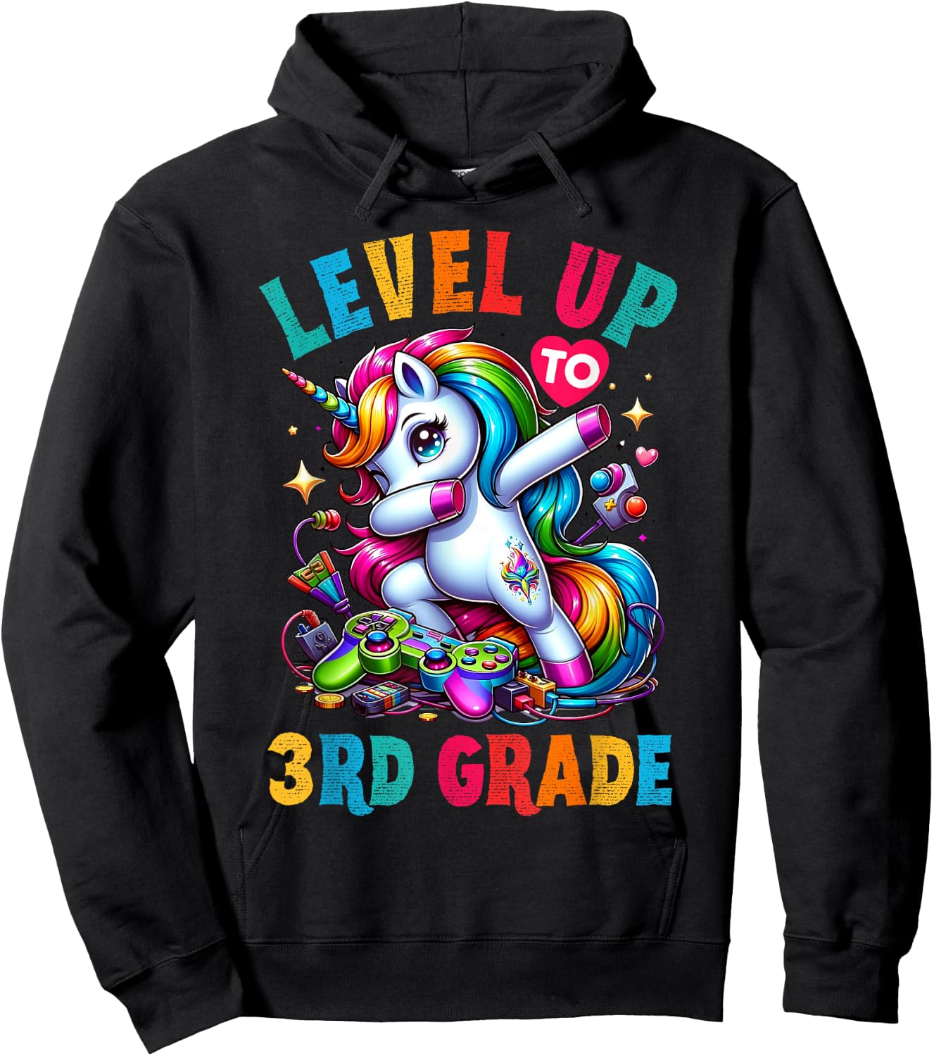 Unicorn video games back to School 3rd grade Girls Level up Hoodie - Hoodie | Black