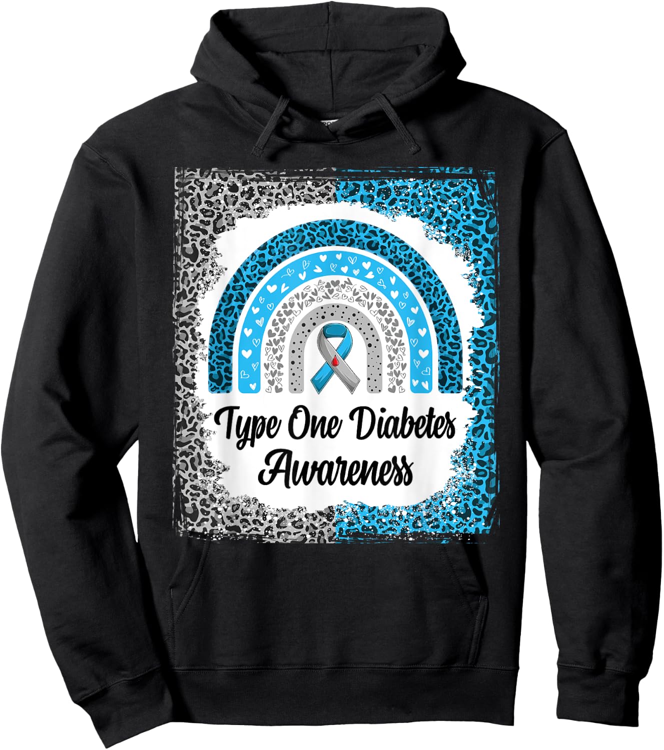 Type 1 Diabetes Awareness Bleached Rainbow leopard Ribbon Hoodie - Hoodie | Black