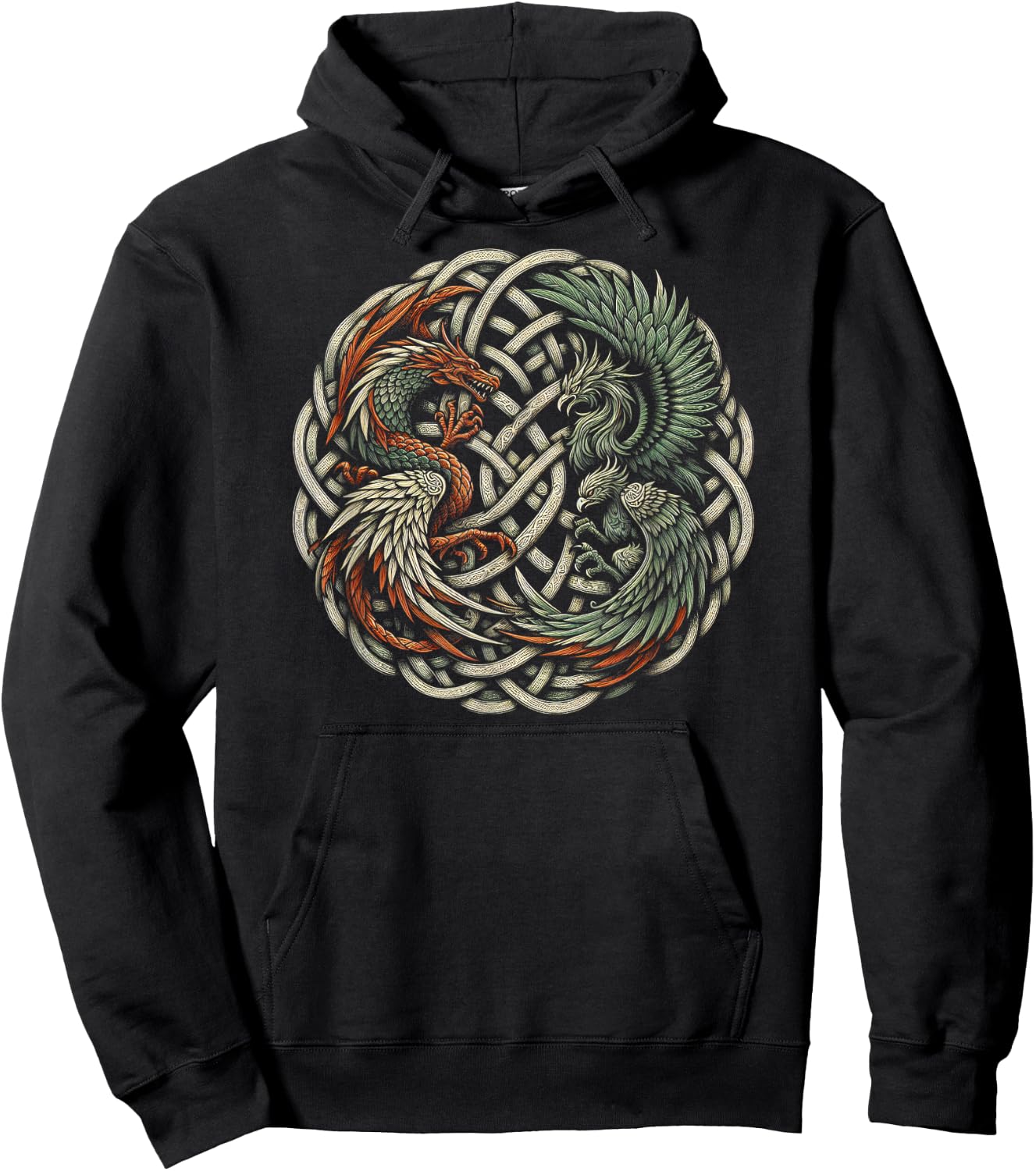 Intricate Celtic Knot with Dragon and Phoenix Hoodie - Hoodie | Black