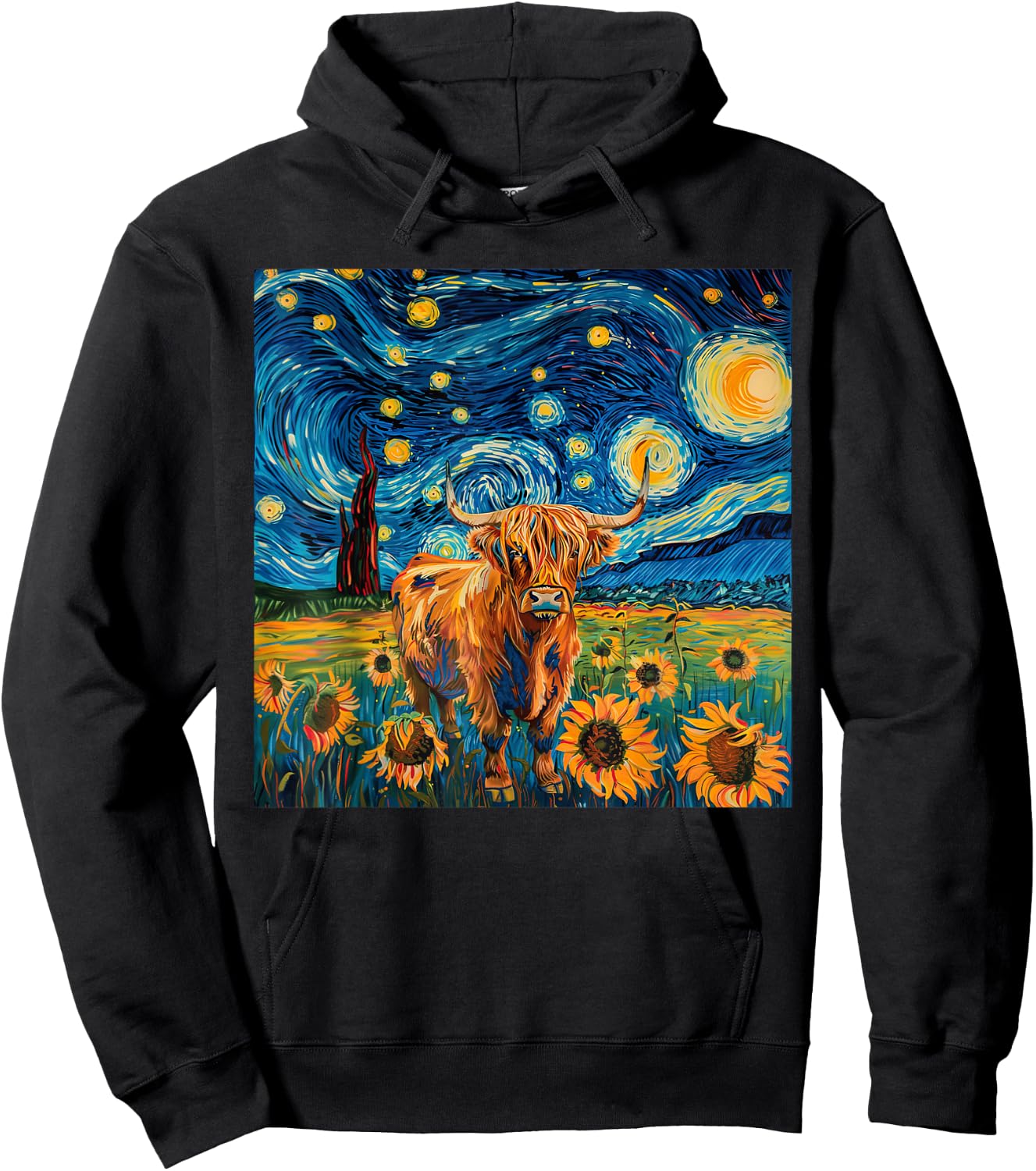 Aesthetic Scottish Highland Cow With Sunflowers Starry Night Hoodie - Hoodie | Black