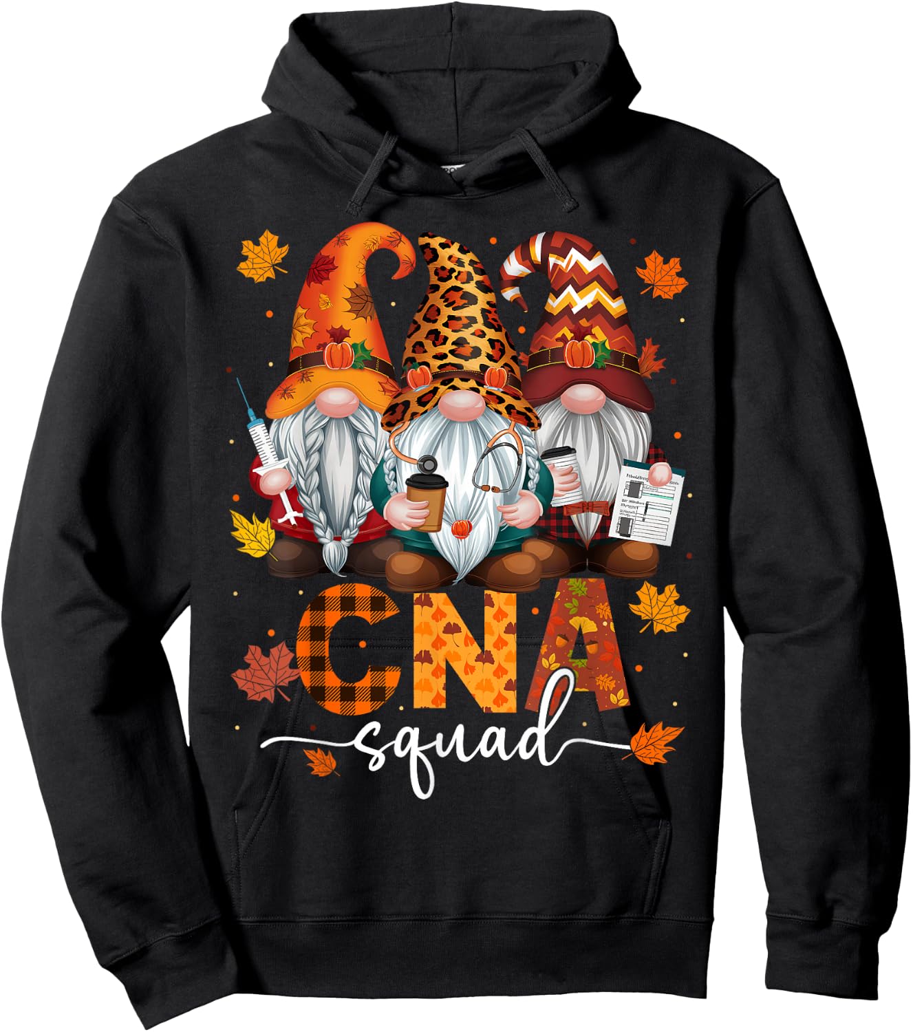 CNA Squad Gnome Nurse Leopard Thanksgiving Stethoscope Hoodie - Hoodie | Black