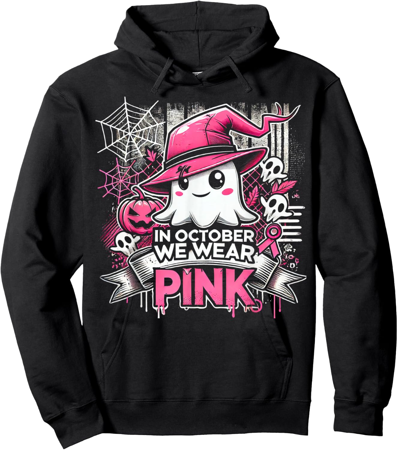 October We Wear Pink Ghost Witch Halloween Hoodie - Hoodie | Black