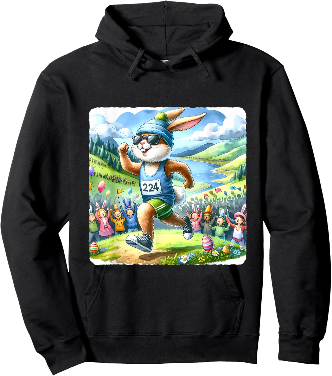 Rabbit Running Marathon With Scenic Landscape. Easter Racing Hoodie - Hoodie | Black