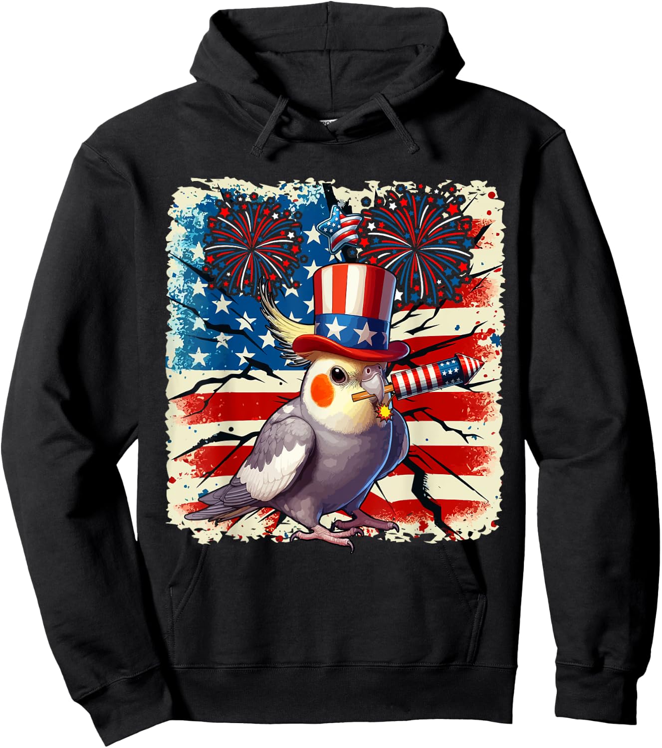 4th Of July US Flag Fireworks Cockatiel Costume Bird Lover Hoodie - Hoodie | Black