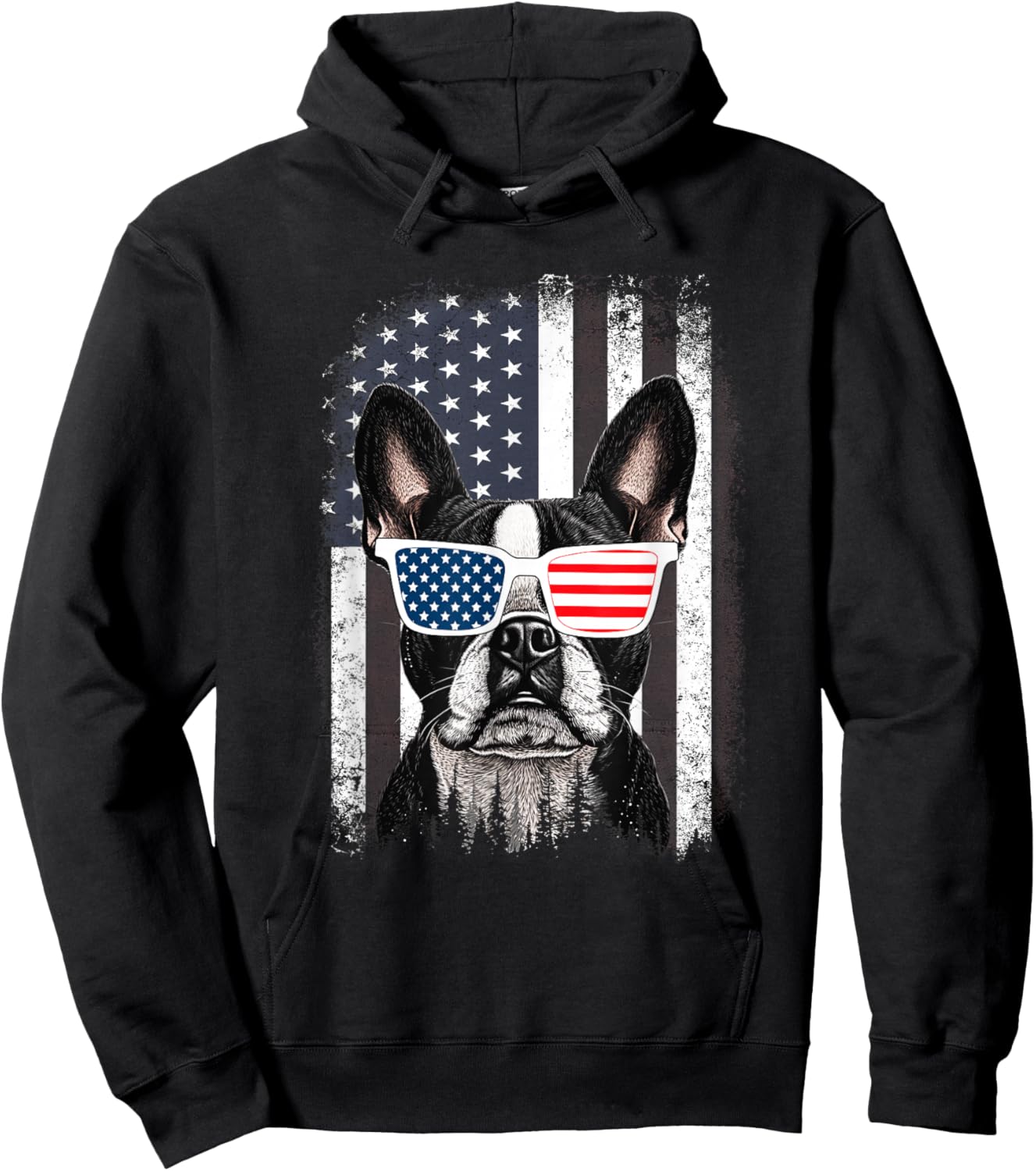 Boston Terrier Dog American Flag 4th of July Sunglasses Hoodie - Hoodie | Black