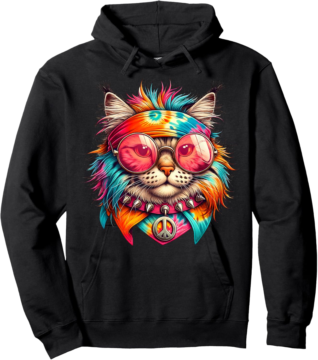 Psychedelic Peace Cat Colorful Hippie Retro Groovy Vibes Hoodie - Hoodie | Black