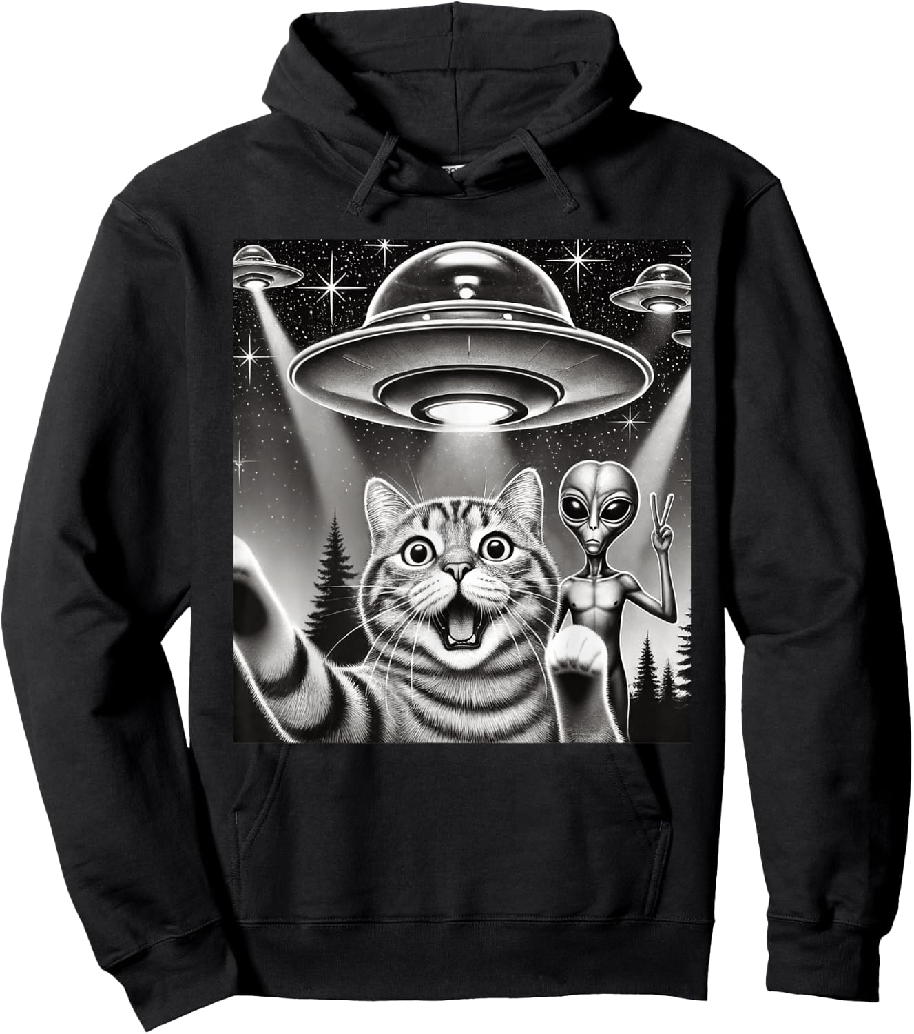 Funny Cat Selfie with UFO Alien Abduction Extraterrestrial Hoodie - Hoodie | Black