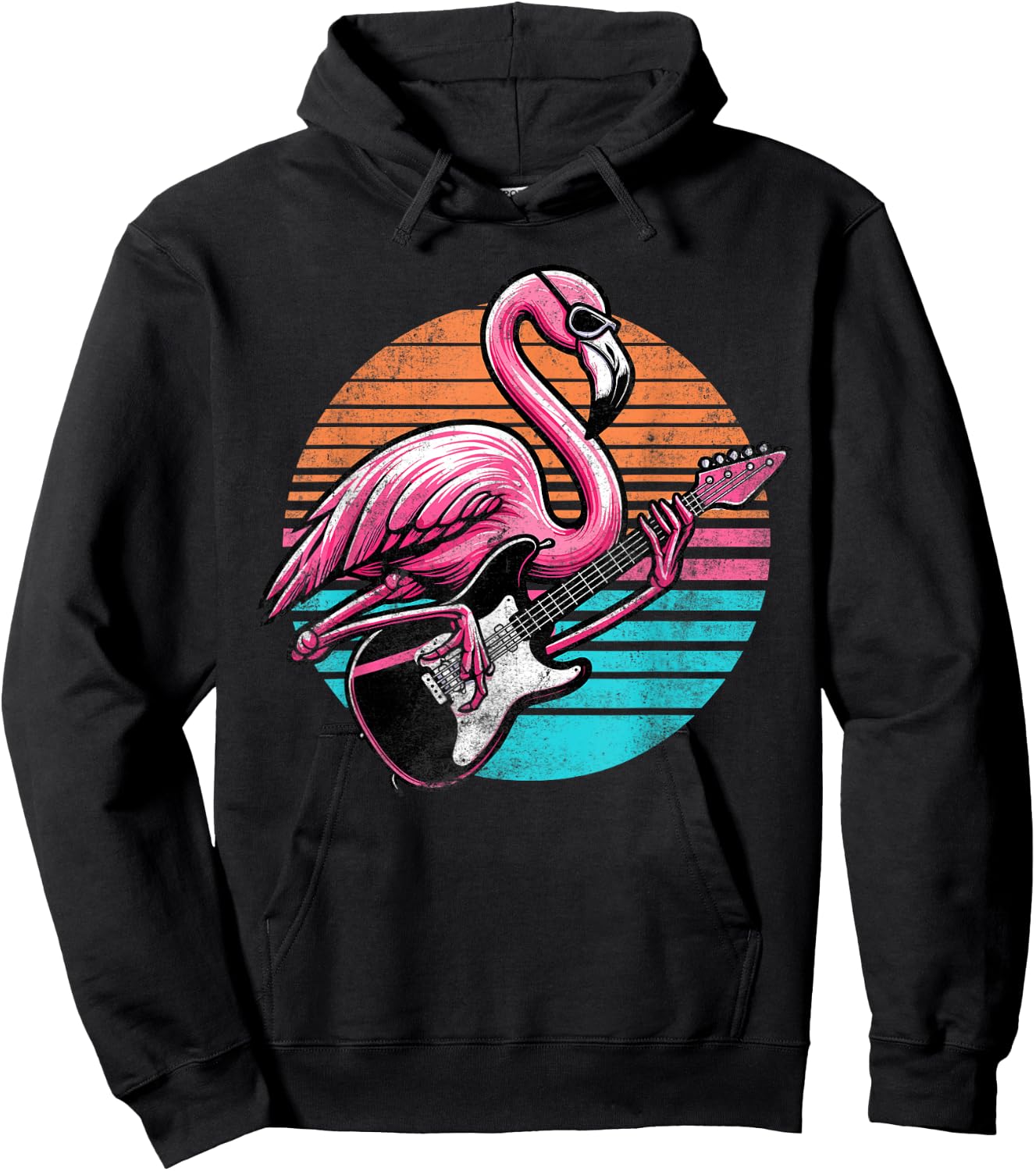 Vintage Style Flamingo Playing Guitar Rock And Roll Retro Hoodie - Hoodie | Black