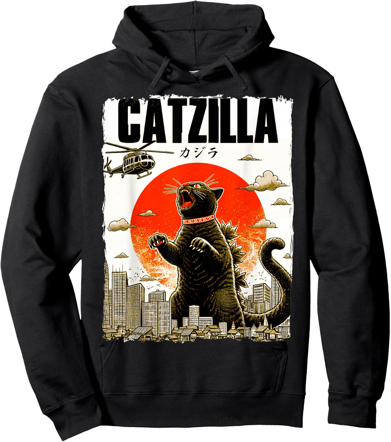 Catzilla Funny Cat Lover Kitten Catzilla Cat Japanese Art Hoodie - Hoodie | Black