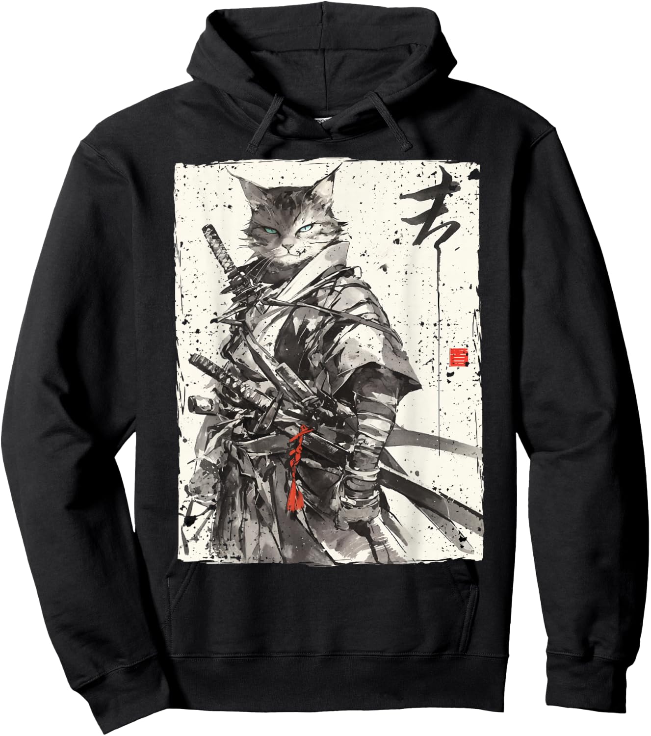 Samurai Cat Warrior Ukiyo Ink Artwork Cat Samurai Hoodie - Hoodie | Black