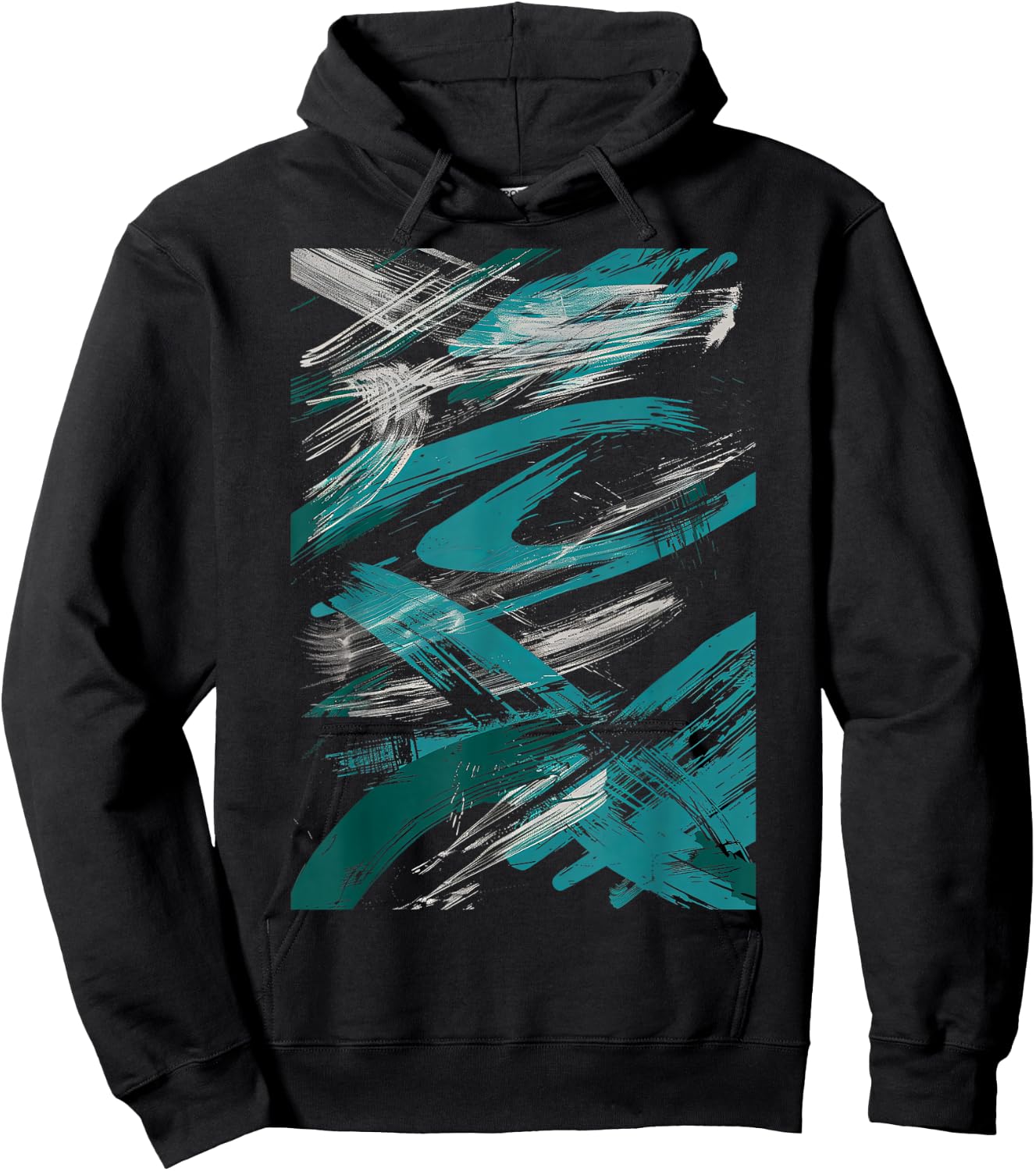 Teal And White Brushstroke Design Graphic Hoodie - Hoodie | Black