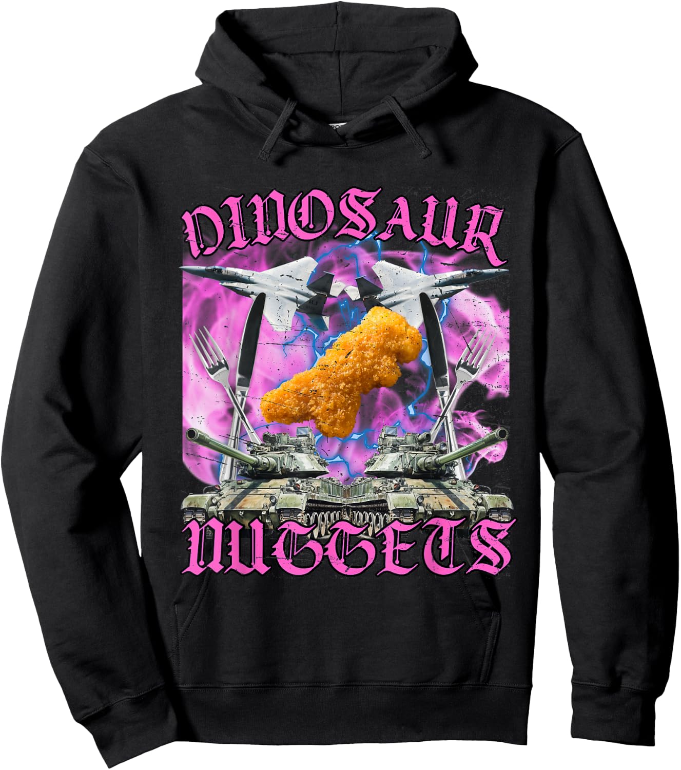 Funny Dinosaur Chicken Nugget Bootleg Hardcore Flames Meme Hoodie - Hoodie | Black