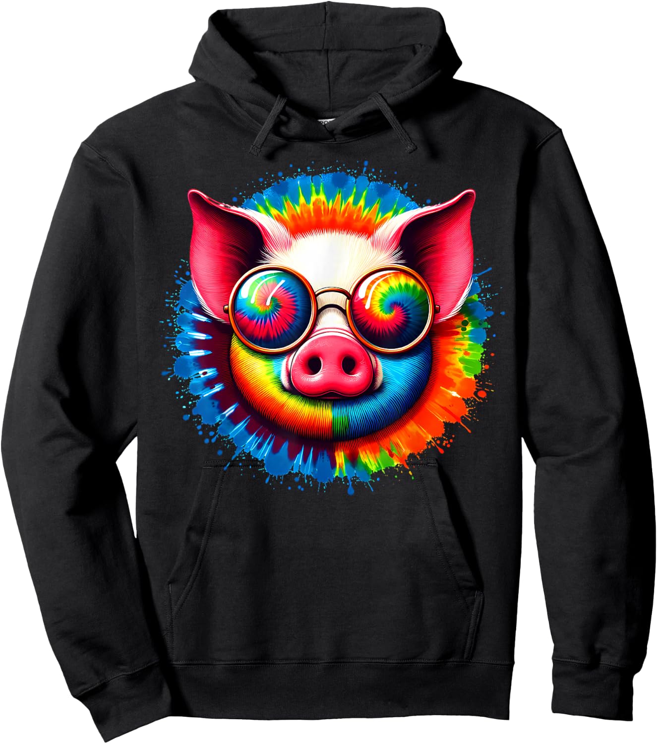 Cool Tie Dye Sunglasses Pig Graphic Illustration Art Hoodie - Hoodie | Black