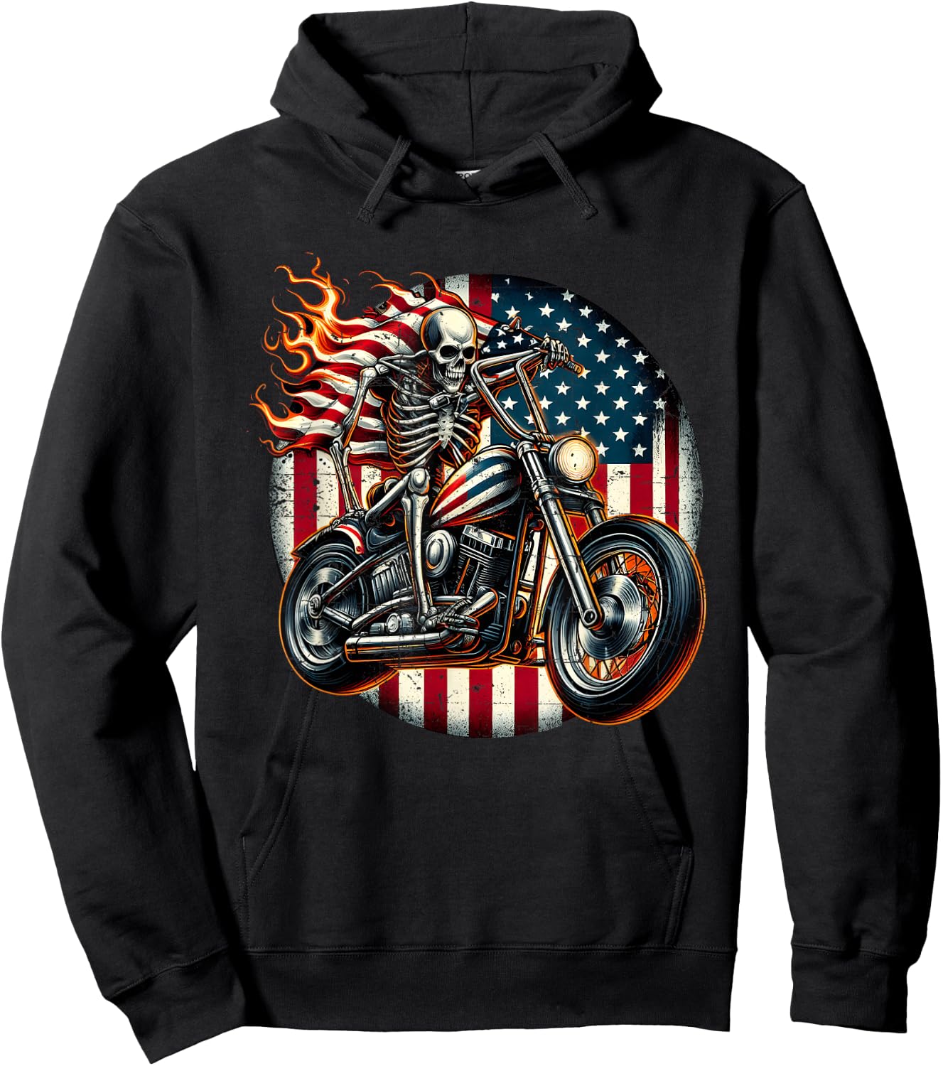 USA Flag Motorcycle Skeleton Biker 4th July American Patriot Hoodie - Hoodie | Black