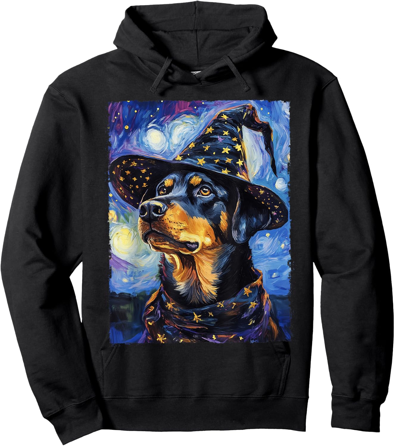 Rottweiler Witch Costume Painting Starry Night Dog Men Women Kids Hoodie - Hoodie | Black