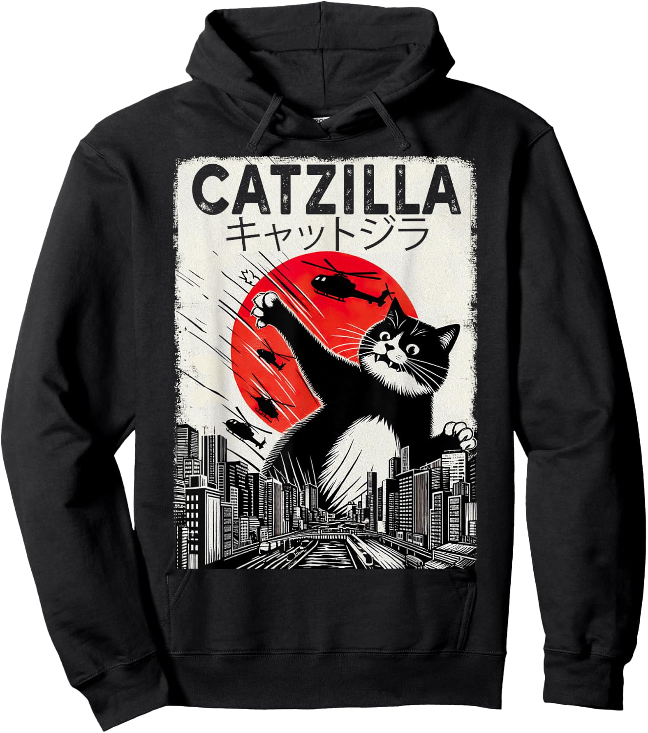 Vintage Catzilla - Funny Tuxedo Cat And Kitten Hoodie - Hoodie | Black