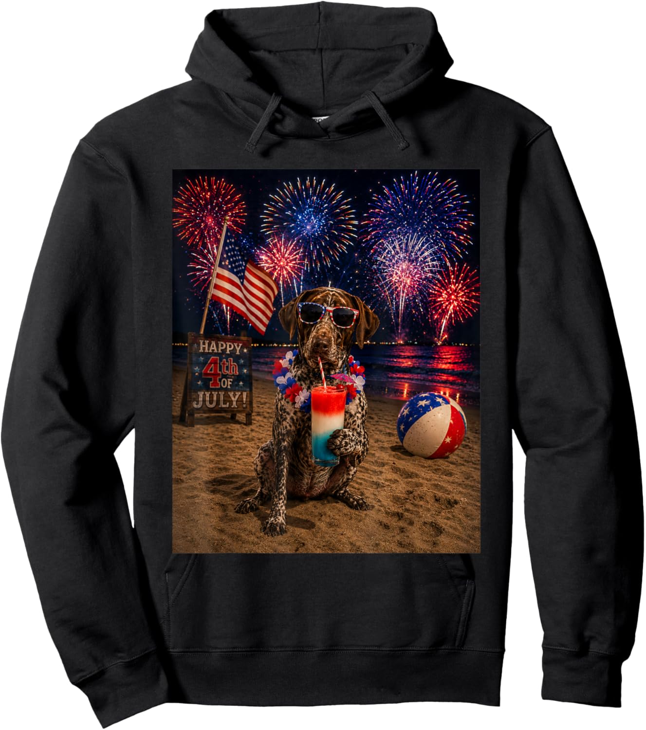 German Shorthaired Pointer Patriotic Beach Fireworks Dog Hoodie - Hoodie | Black