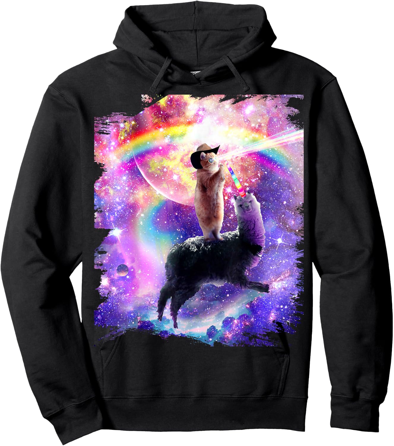 Laser Galaxy Space Cat on Rainbow Llama Unicorn Hoodie - Hoodie | Black